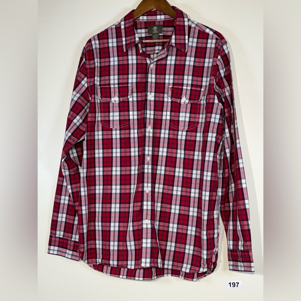 Timberland Red and Black Plaid Casual Shirt Size L 100% Cotton Long Sleeve Men's